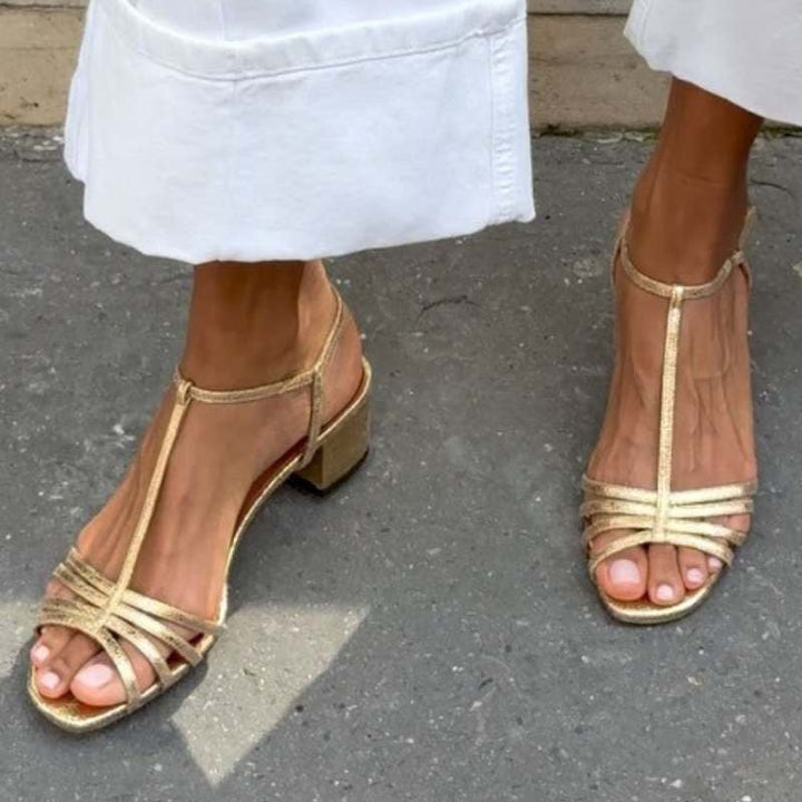 Allegra Sandalen | Quadratischer Absatz, Metallschnalle, Gold