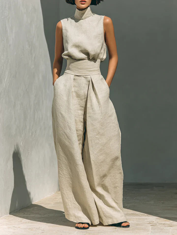 Fiora Damen Set | Baumwoll-Leinen Tanktop & Weite Hose