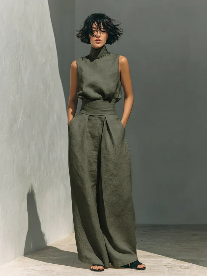 Fiora Damen Set | Baumwoll-Leinen Tanktop & Weite Hose