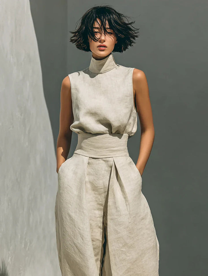 Fiora Damen Set | Baumwoll-Leinen Tanktop & Weite Hose