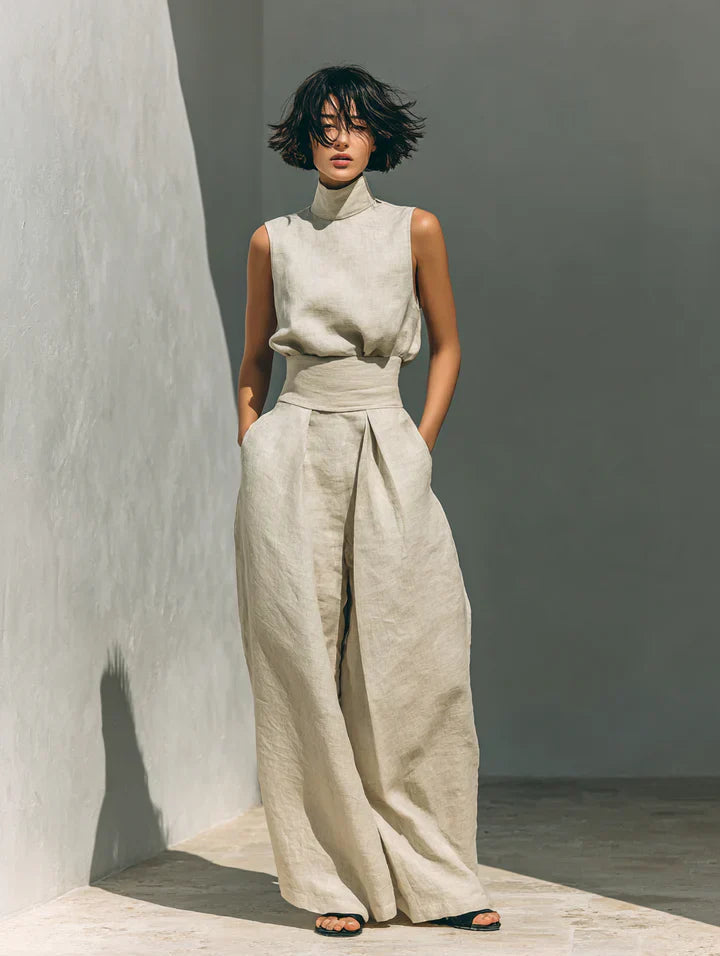 Fiora Damen Set | Baumwoll-Leinen Tanktop & Weite Hose