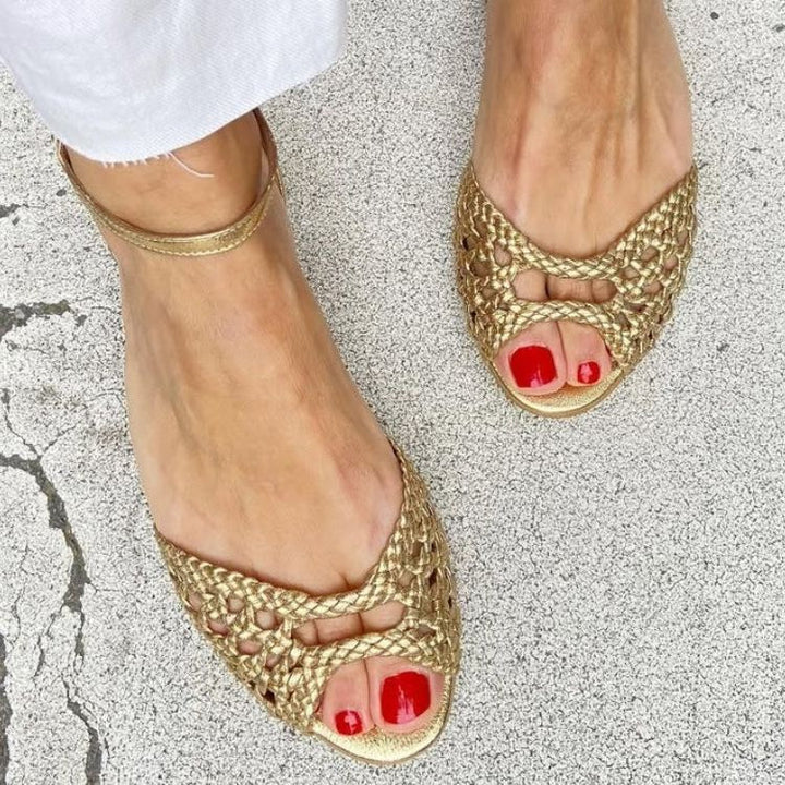Isadora Sandalen Damen | Gewebtes Obermaterial, Verstellbarer Knöchelriemen, Goldene Details