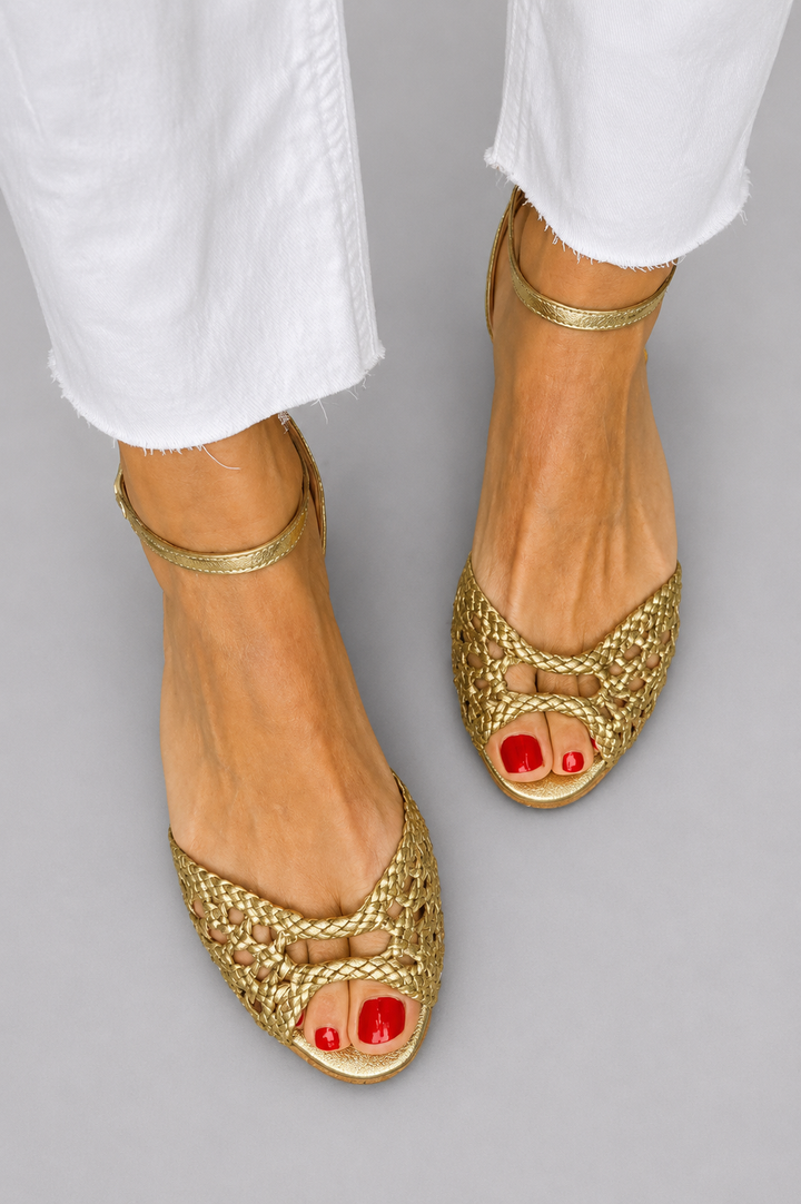Isadora Sandalen Damen | Gewebtes Obermaterial, Verstellbarer Knöchelriemen, Goldene Details
